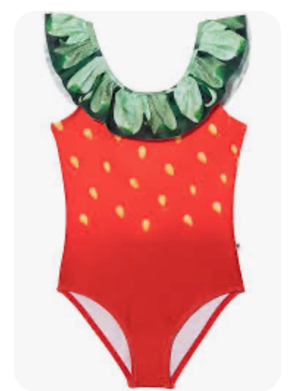 Molo Red Strawberry One-Piece Swimsuit with Green Leaf Ruffle